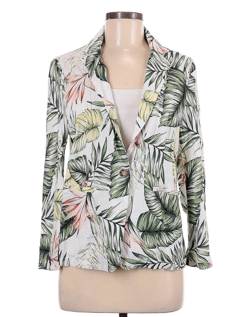 Tropical Leaf Single-Button White Blazer